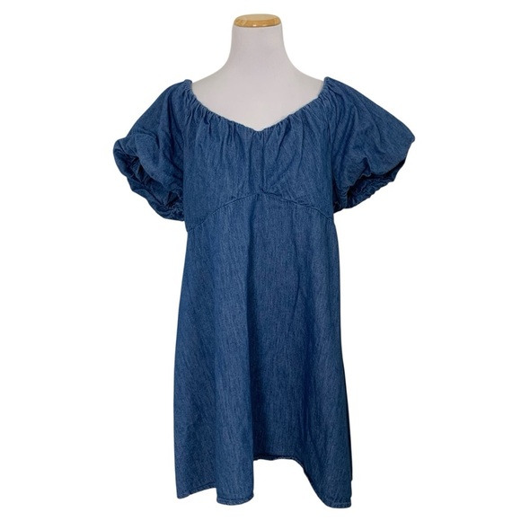 Old Navy Chambray Bubble Sleeve Mini Dress XL Blue Smocked Back Empire Waist - Picture 1 of 16